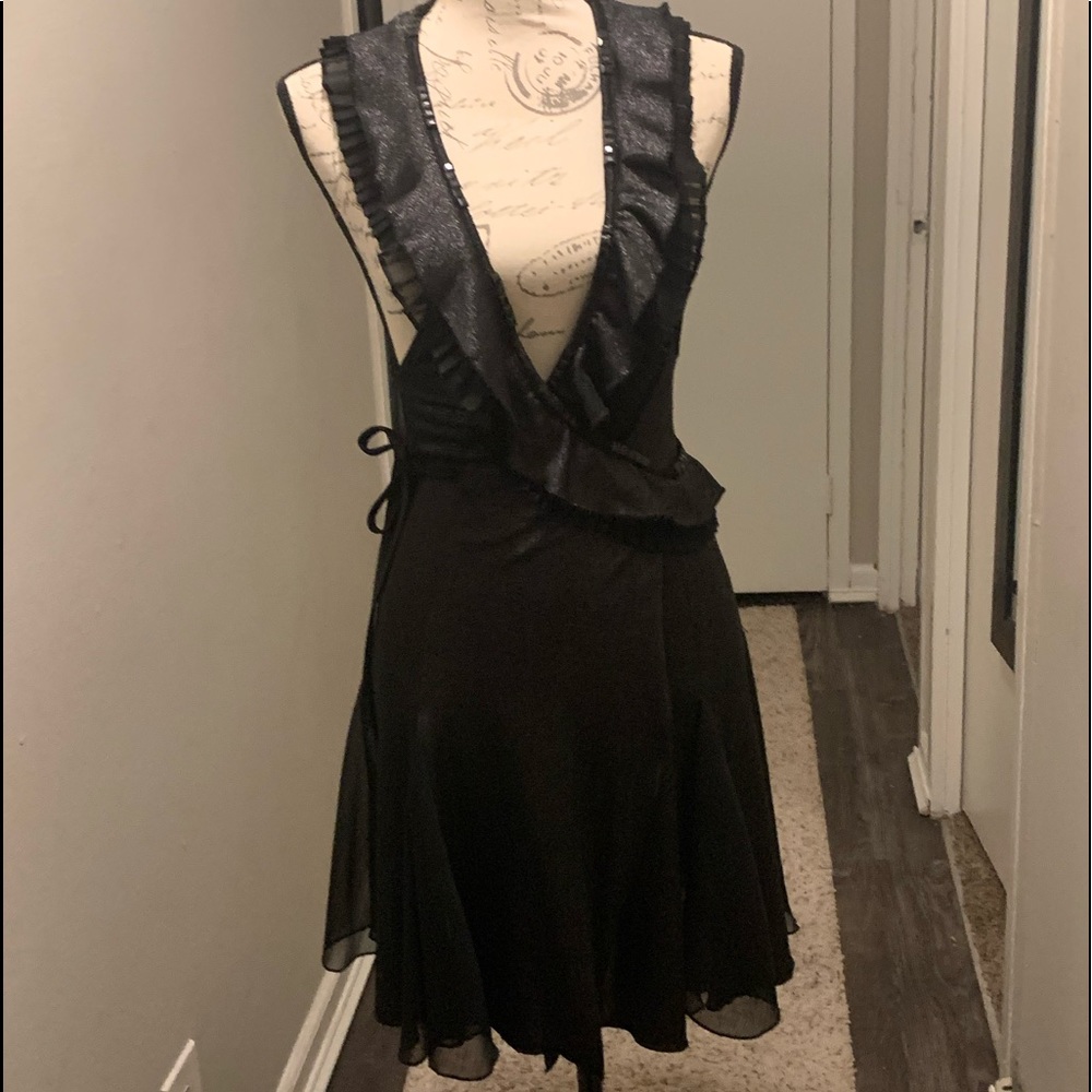 TCEC**Black Ruffle Wrap Dress W/Blk Emblelleshment
